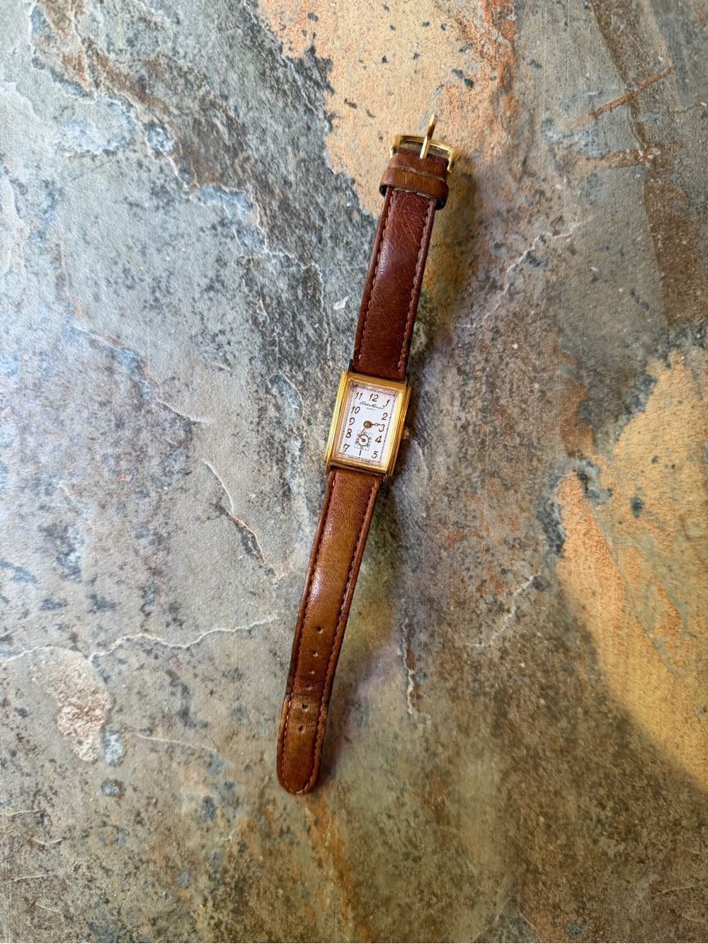 Vintage Eddie Bauer Gruen Tank Watch Gold Tone Rectangle Art Deco Brown Leather